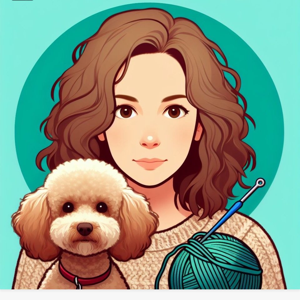 Ein comic-artiges Bild von Angela mit einem Wollknäuel und einem Hund.